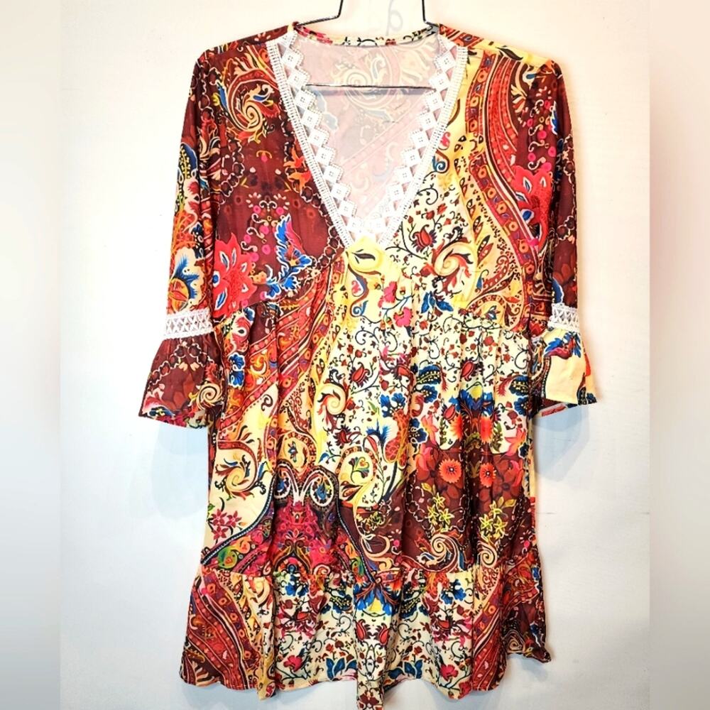 Paisley V-Neck Midi Dress with Lace Trim - Red & Cream